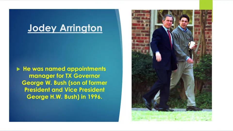 Biography slide on Arrington’s 1996 appointment as appointments manager for Texas Governor George W. Bush