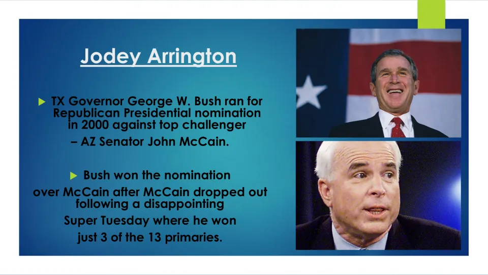 Biography context slide covering George W. Bush’s 2000 Republican nomination race against John McCain