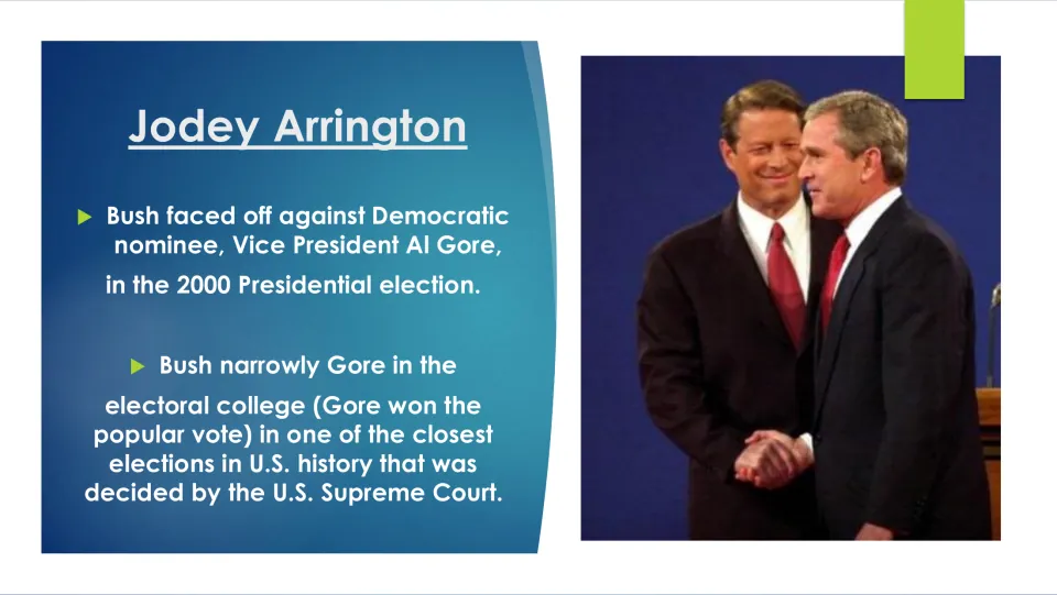 Biography context slide covering Bush versus Gore in 2000, the electoral college, and the Supreme Court