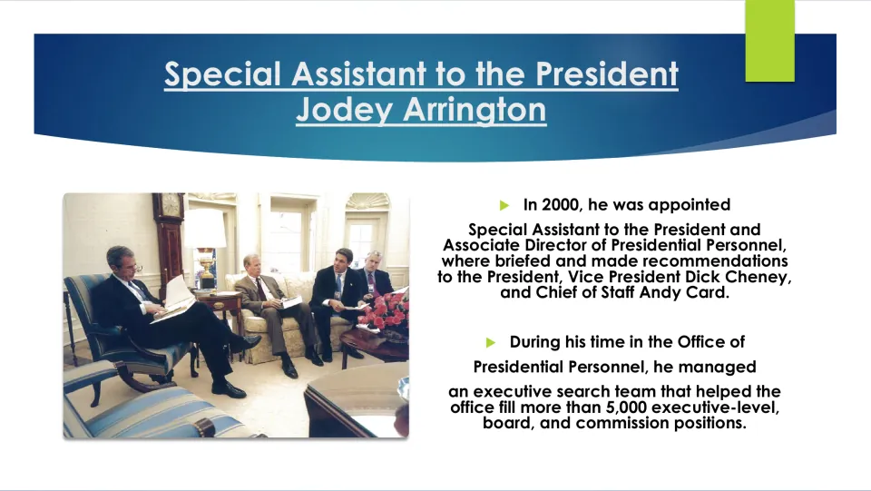 Biography slide describing Arrington’s Special Assistant to the President role and personnel search duties