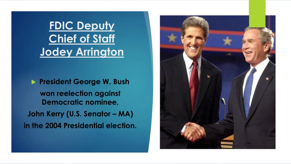 Biography context slide noting President George W. Bush’s reelection against John Kerry in the 2004 election
