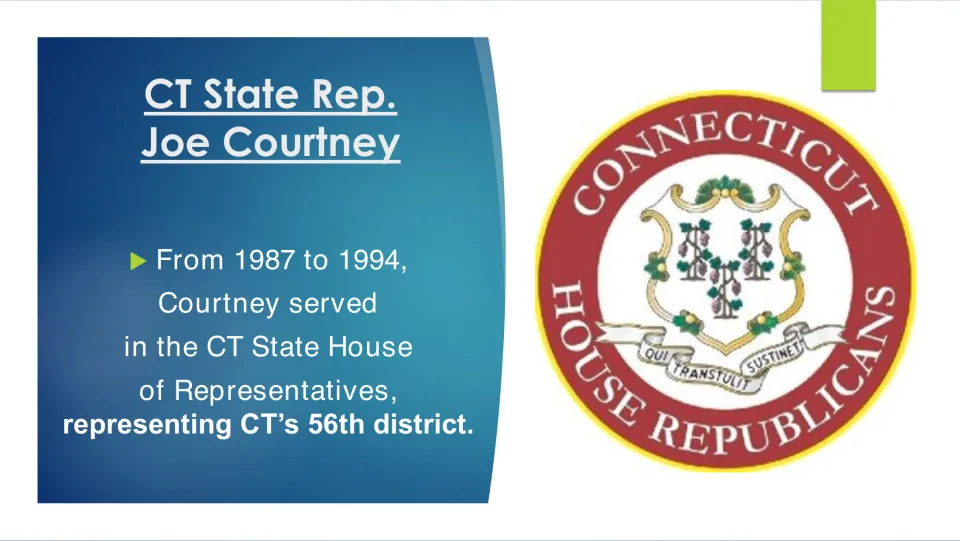 Political career slide covering Joe Courtney’s 1987–1994 service representing Connecticut’s 56th district
