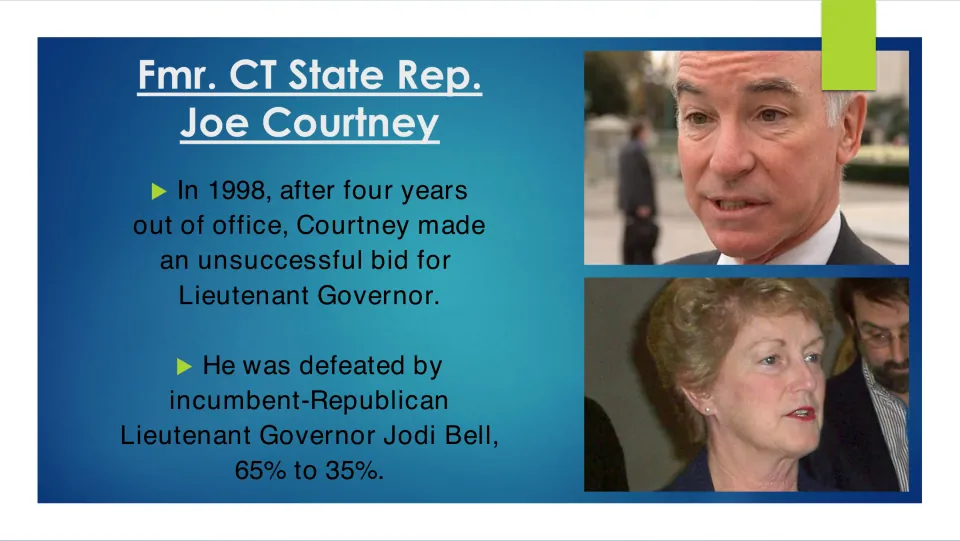 Political career slide describing Joe Courtney’s unsuccessful 1998 bid for lieutenant governor, 65% to 35%