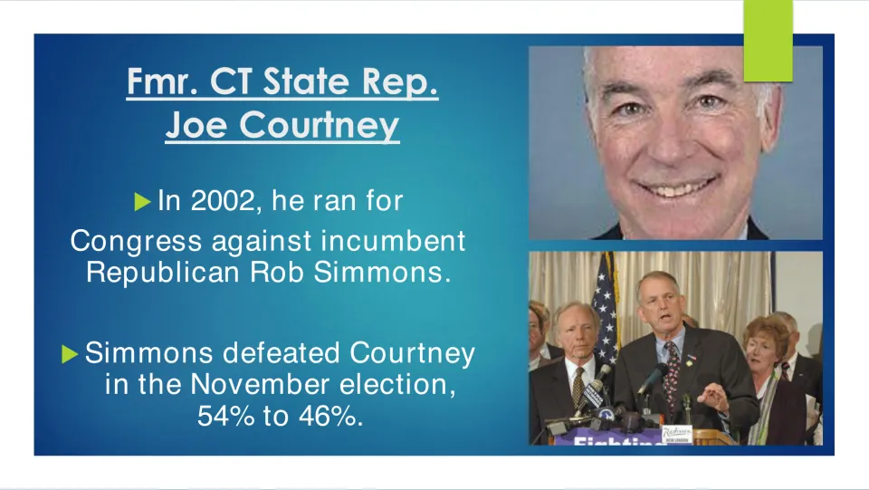Election slide describing Joe Courtney’s 2002 congressional race and loss to Rob Simmons, 54% to 46%