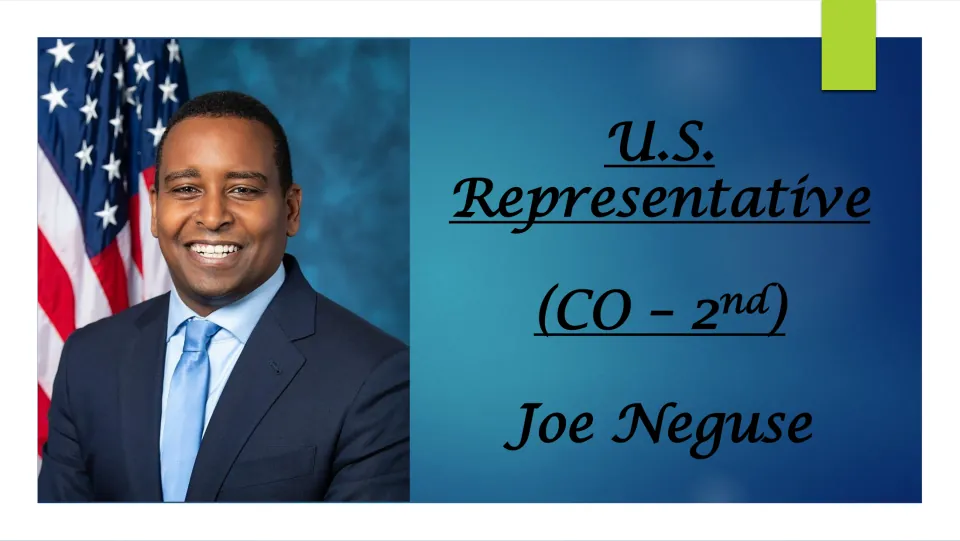 Biography presentation cover identifying Joe Neguse as U.S. Representative for Colorado's 2nd District
