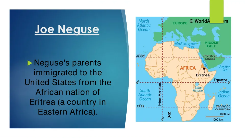 Biography slide explaining that Joe Neguse's parents immigrated from Eritrea, with a map of Africa