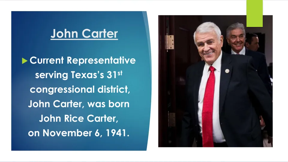 Biography slide introducing Texas’s 31st district representative John Rice Carter, born November 6, 1941