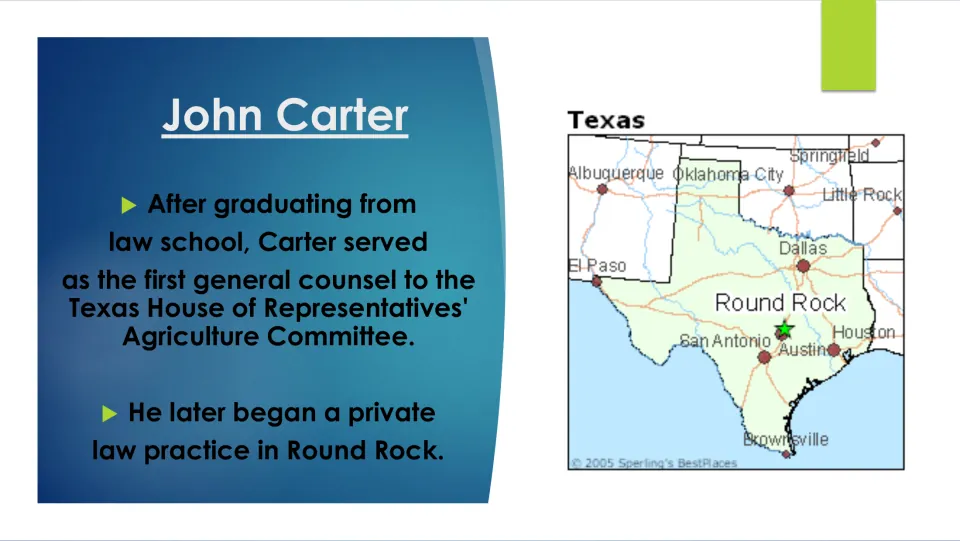 Career slide on Carter’s counsel role for the Texas House Agriculture Committee and Round Rock law practice