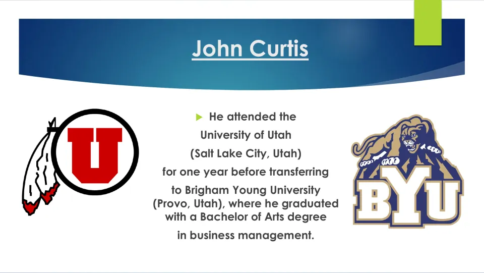 College slide tracing John Curtis's transfer from the University of Utah to BYU and business management degree.