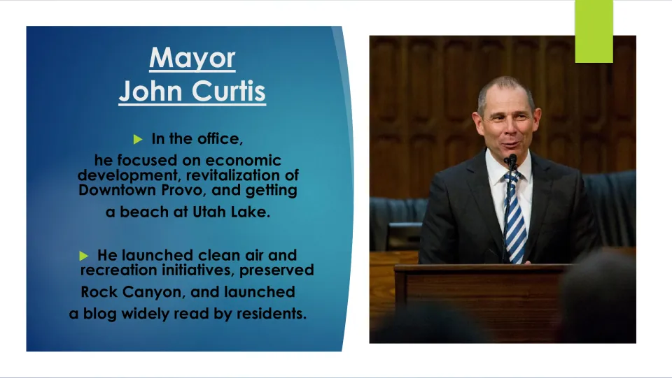 Mayoral priorities slide covering John Curtis's economic development, Downtown Provo, clean air, and recreation.