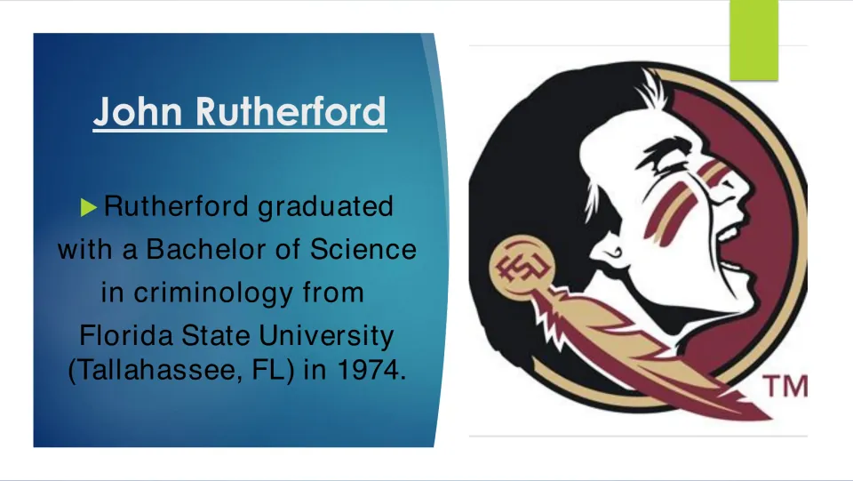 Education slide on John Rutherford’s 1974 Bachelor of Science in criminology from Florida State University