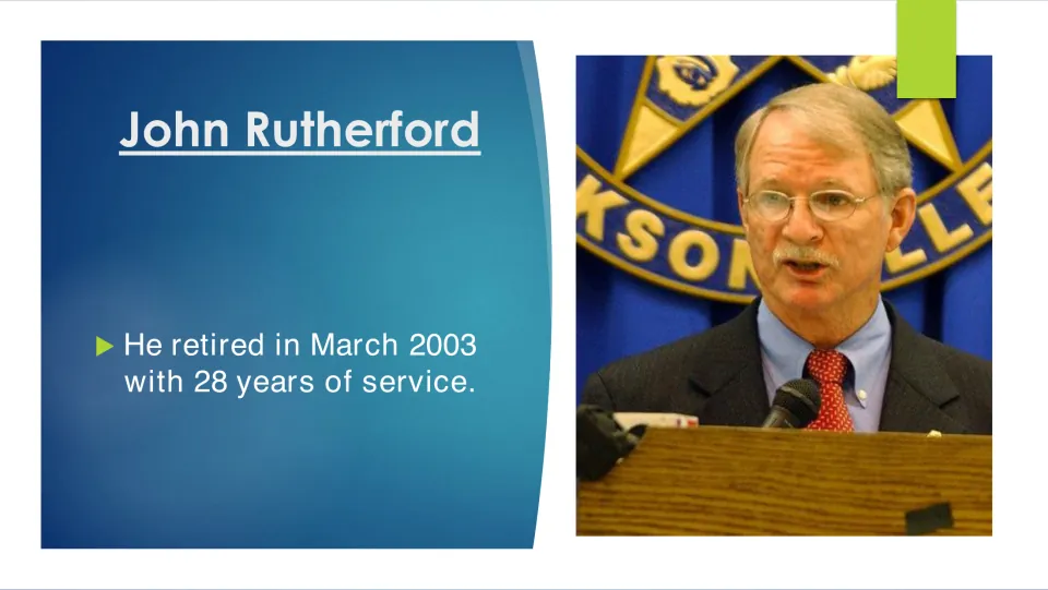 Career slide stating that John Rutherford retired in March 2003 after 28 years of service, with his photo