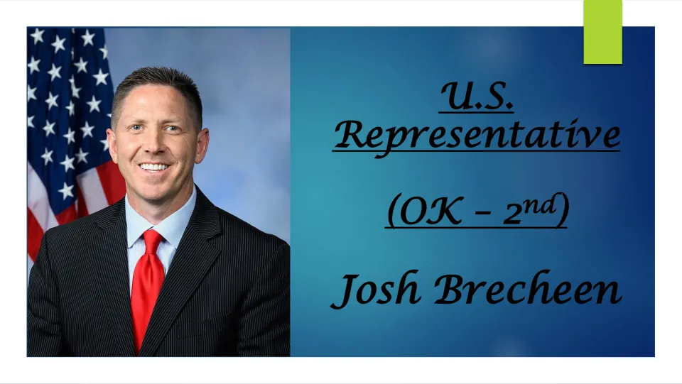 Biography cover introducing Josh Brecheen as U.S. Representative for Oklahoma's 2nd district, with his portrait