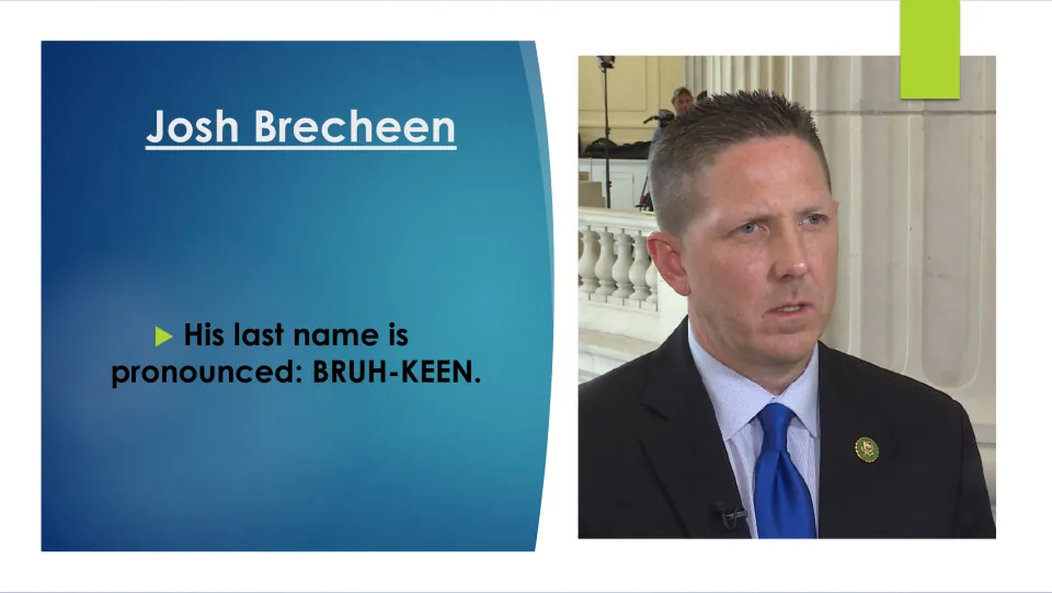 Biography slide explaining that Josh Brecheen's last name is pronounced BRUH-KEEN, beside his photograph