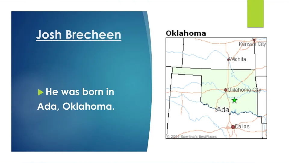 Biography slide naming Ada, Oklahoma, as Josh Brecheen's birthplace, with a map marking the city's location