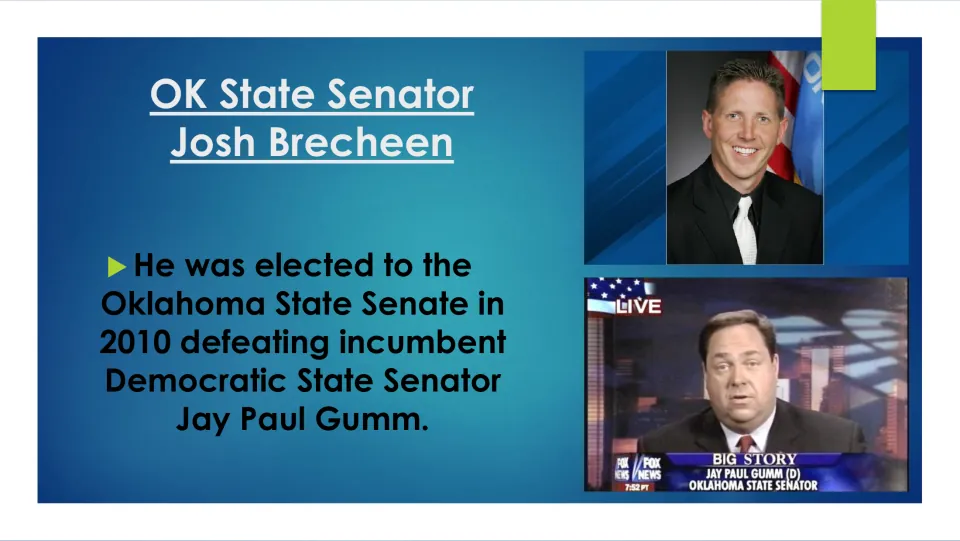 Biography slide recounting Josh Brecheen's 2010 Oklahoma State Senate election victory over Jay Paul Gumm
