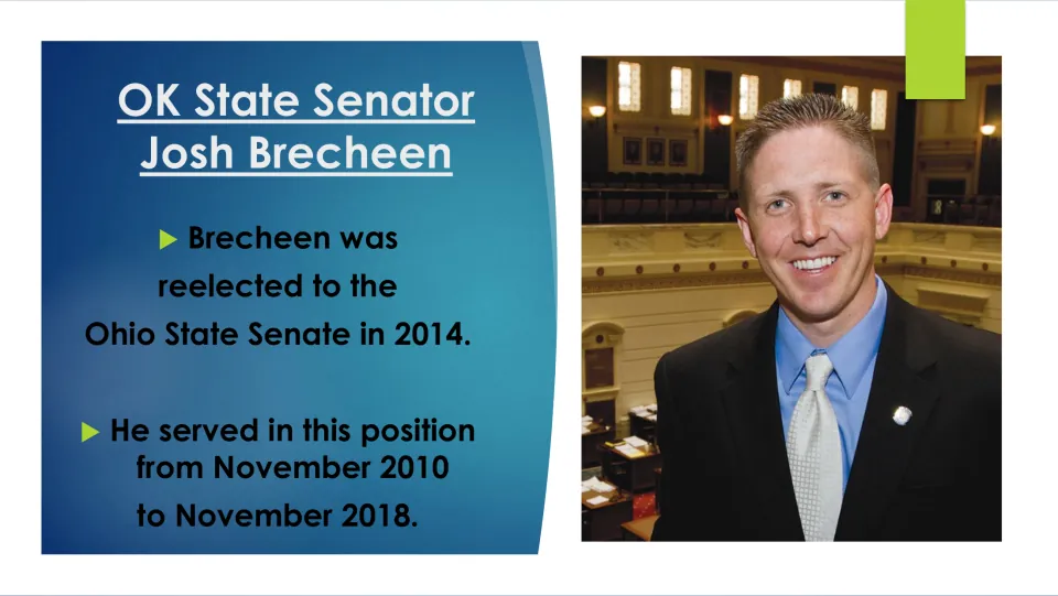 Biography slide listing Josh Brecheen's 2014 reelection and senate service from November 2010 to November 2018