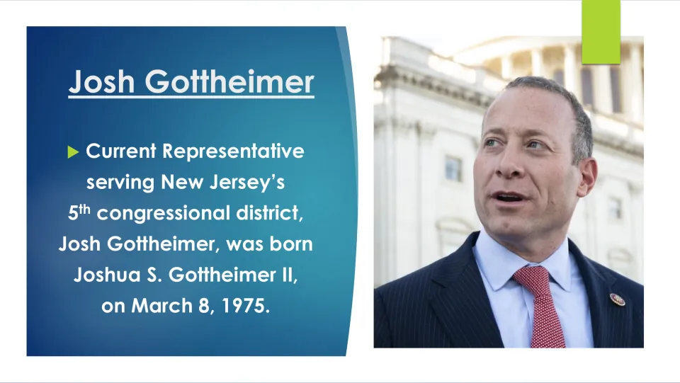 Biography slide identifying Josh Gottheimer’s congressional district and birth date of March 8, 1975