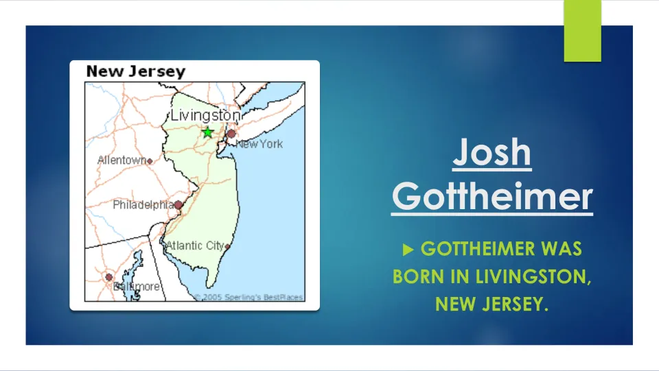 Biography slide naming Livingston, New Jersey, as Gottheimer’s birthplace, with Livingston marked on a map