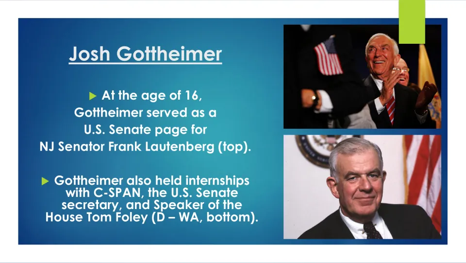 Biography slide on Gottheimer’s Senate page service at age 16 for Frank Lautenberg and early internships