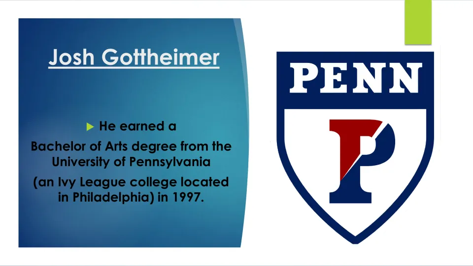 Biography slide stating Gottheimer earned a Bachelor of Arts from the University of Pennsylvania in 1997
