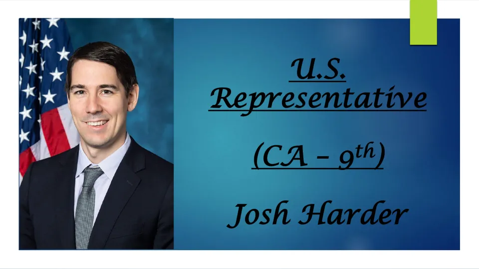 Biography cover identifying Josh Harder as U.S. Representative for California's 9th district, with his portrait