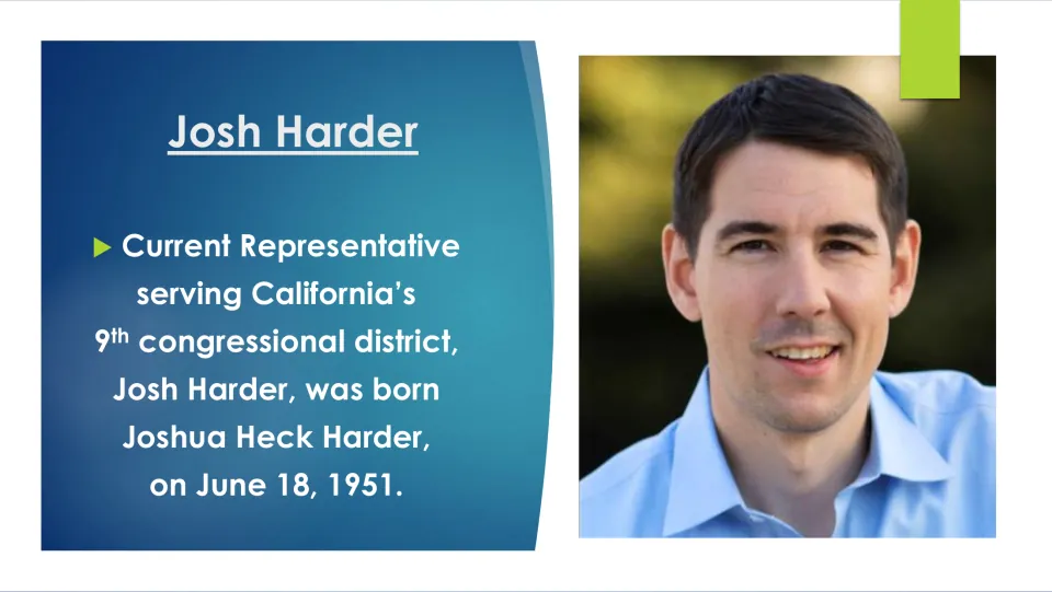 Biography slide introducing Josh Harder, his full name Joshua Heck Harder, and California's 9th district