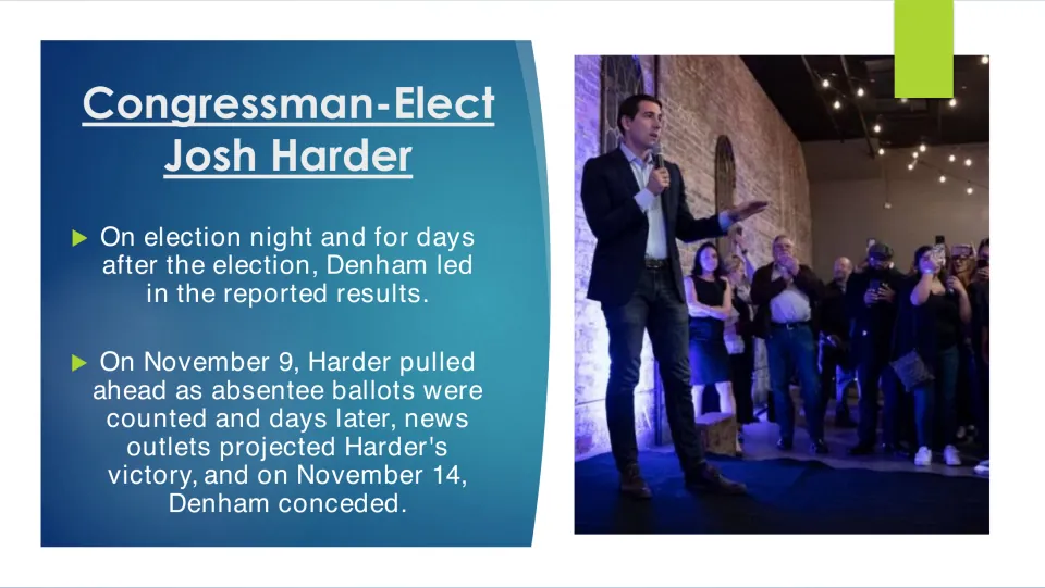 Election victory slide recounting Harder's November 9 lead during ballot counting and Denham's November 14 concession