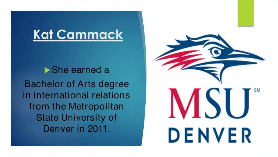 Education slide listing Cammack’s 2011 BA in international relations from Metropolitan State University of Denver