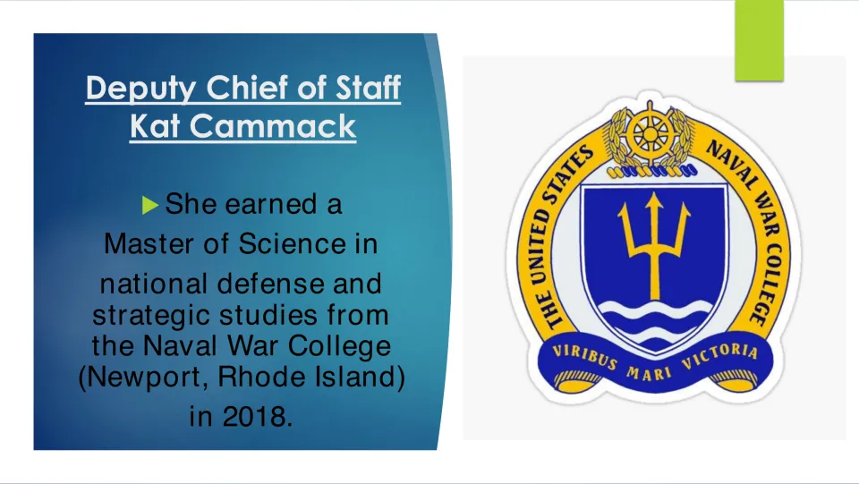 Education slide listing Cammack’s 2018 MS in national defense and strategic studies from the Naval War College