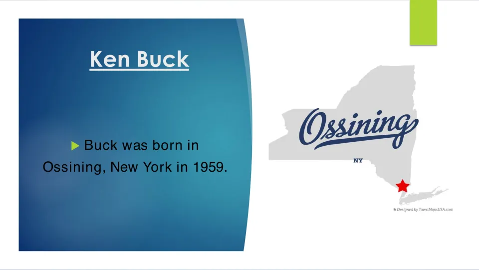 Biography slide 3 identifies Ossining, New York, as Ken Buck’s birthplace in 1959, with a marked state map