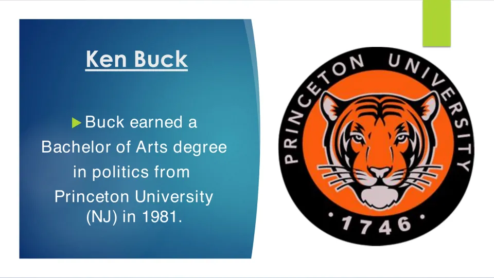 Biography slide 4 describes Ken Buck’s Bachelor of Arts degree in politics from Princeton University in 1981