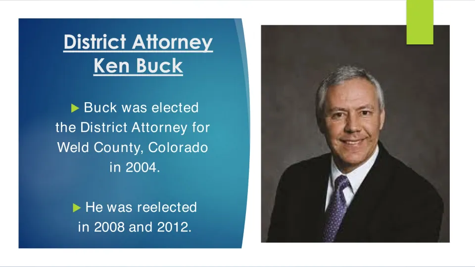 Biography slide 10 lists Ken Buck’s Weld County district attorney election in 2004 and reelections in 2008 and 2012