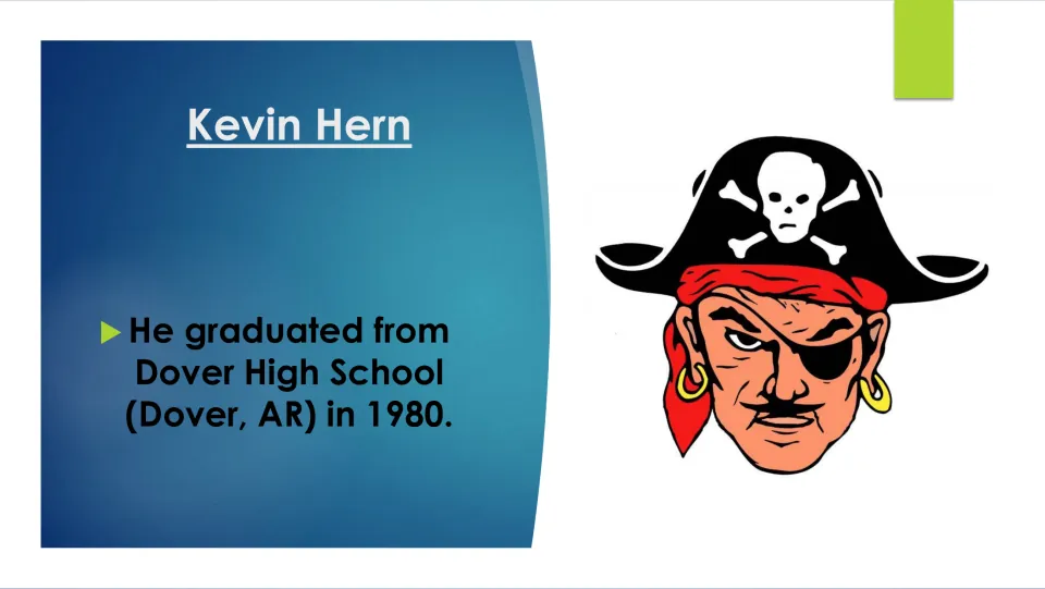 Education biography slide stating that Kevin Hern graduated from Dover High School in Arkansas in 1980