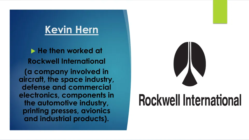 Career biography slide describing Hern’s work at Rockwell International and the company’s industries
