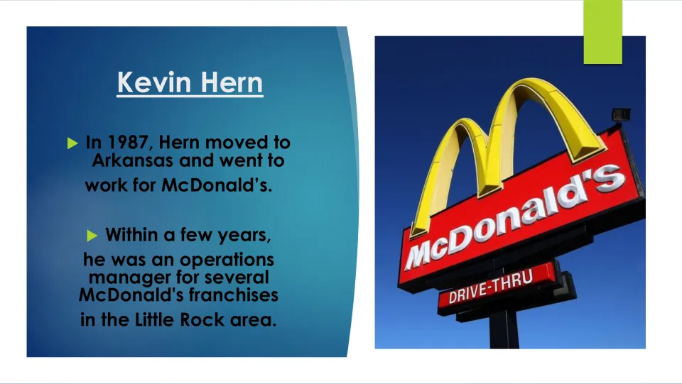 Career biography slide covering Hern’s 1987 start at McDonald’s and later operations manager role in Arkansas