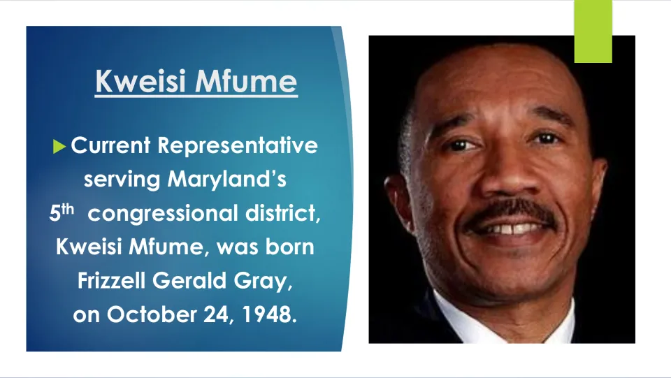 Biography slide giving Kweisi Mfume’s birth name, Frizzell Gerald Gray, and birth date, October 24, 1948