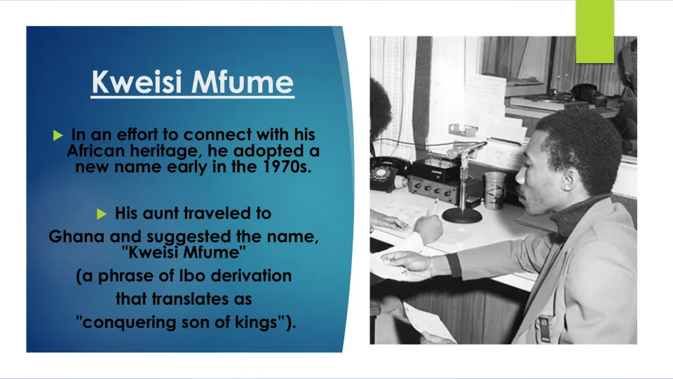 Biography slide explaining Mfume’s name change in the early 1970s and its meaning, “conquering son of kings”