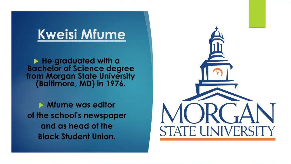 Biography slide on Mfume’s 1976 Morgan State bachelor’s degree and roles in the newspaper and Black Student Union