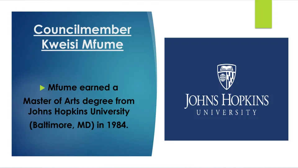 Biography slide identifying Mfume’s 1984 Master of Arts degree from Johns Hopkins University in Baltimore