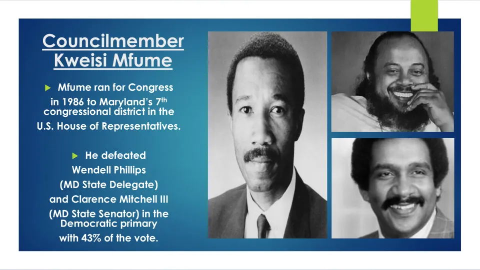 Biography slide on Mfume’s 1986 congressional run and primary win over Wendell Phillips and Clarence Mitchell III