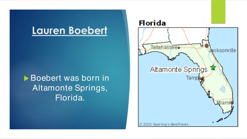Biography slide naming Altamonte Springs, Florida, as Boebert's birthplace, with a map marking the city