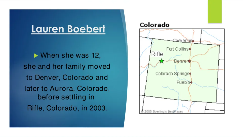 Biography slide tracing Boebert's move at age 12 to Denver, then Aurora, and settlement in Rifle in 2003
