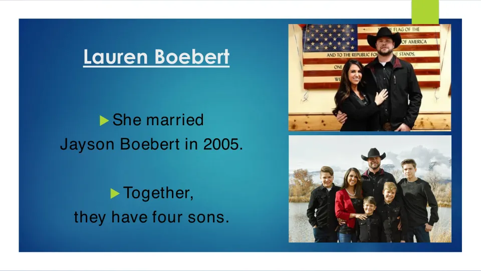 Biography slide stating that Boebert married Jayson Boebert in 2005 and has four sons, with family photos