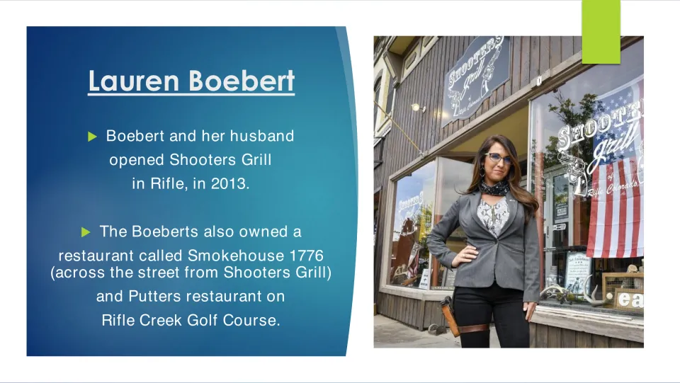 Biography slide covering Shooters Grill's 2013 opening in Rifle and ownership of Smokehouse 1776 and Putters