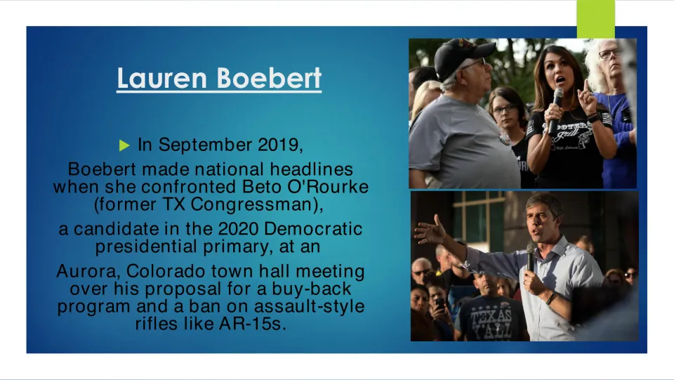 Biography slide recounting Boebert's September 2019 confrontation with Beto O'Rourke over gun proposals