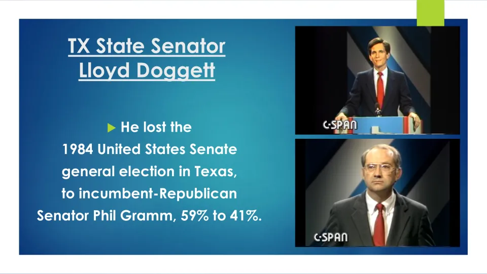 Election slide reporting Doggett’s 1984 U.S. Senate loss to Phil Gramm by a margin of 59% to 41%