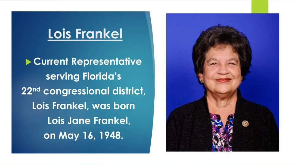 Biography slide introducing Lois Jane Frankel, born May 16, 1948, as Florida’s 22nd district representative
