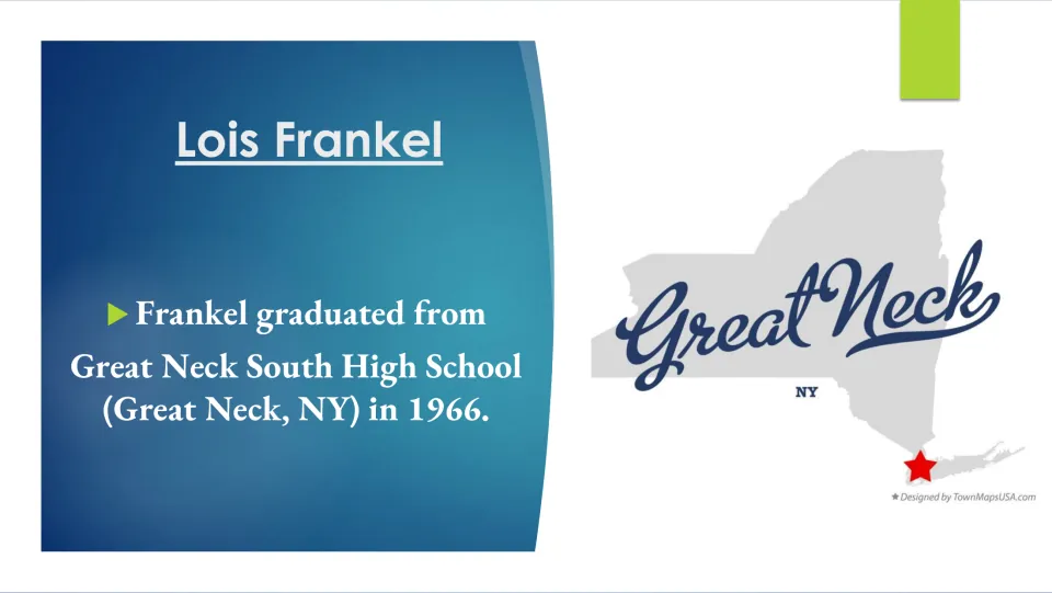 Education slide noting Lois Frankel’s 1966 graduation from Great Neck South High School in New York