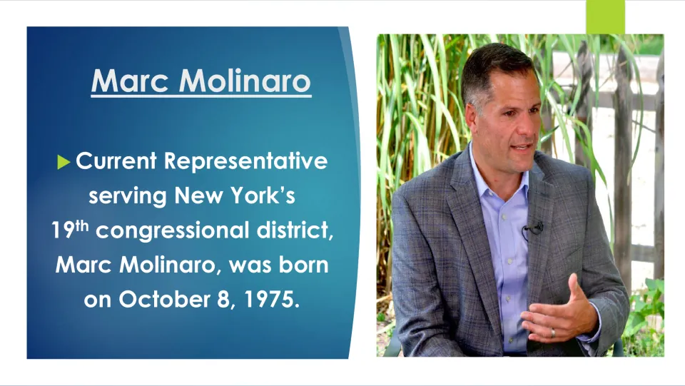 Biography slide introducing Marc Molinaro’s congressional district and birthdate of October 8, 1975